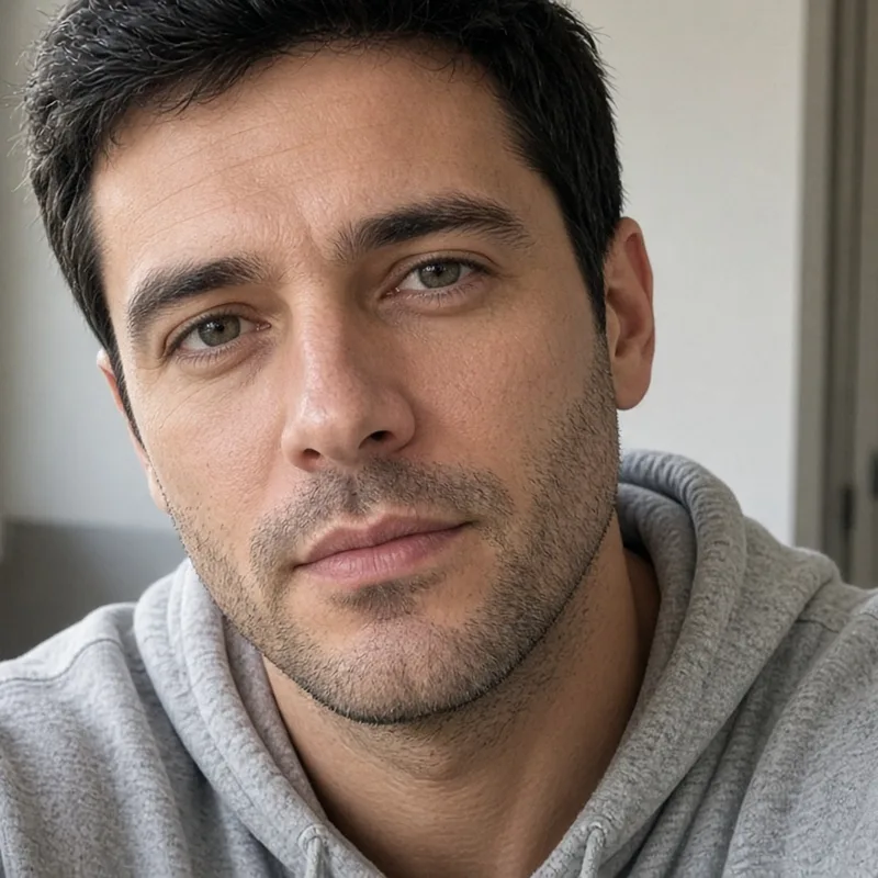 Before: AI-generated man in a gray hoodie